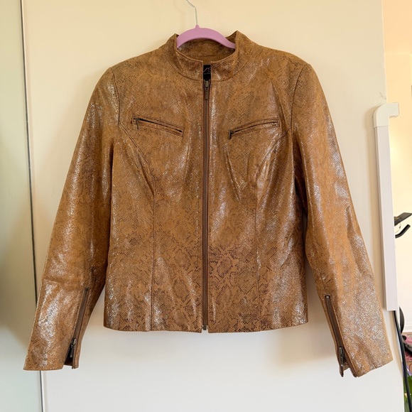 Vakko Jackets & Blazers - Vakko VS2 Metallic Gold Leather Moto Jacket Brown Printed Size 8